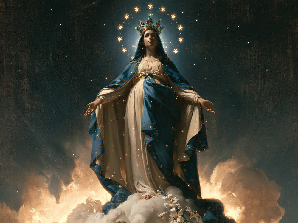 Mary as Queen of Heaven in a symbolist composition in Symbolist style, landscape Christian artwork no. 8