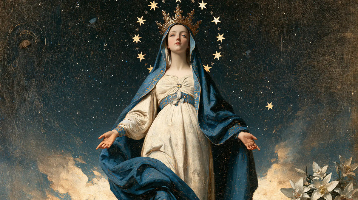 Mary as Queen of Heaven in a symbolist composition in Symbolist style, landscape Christian artwork no. 11
