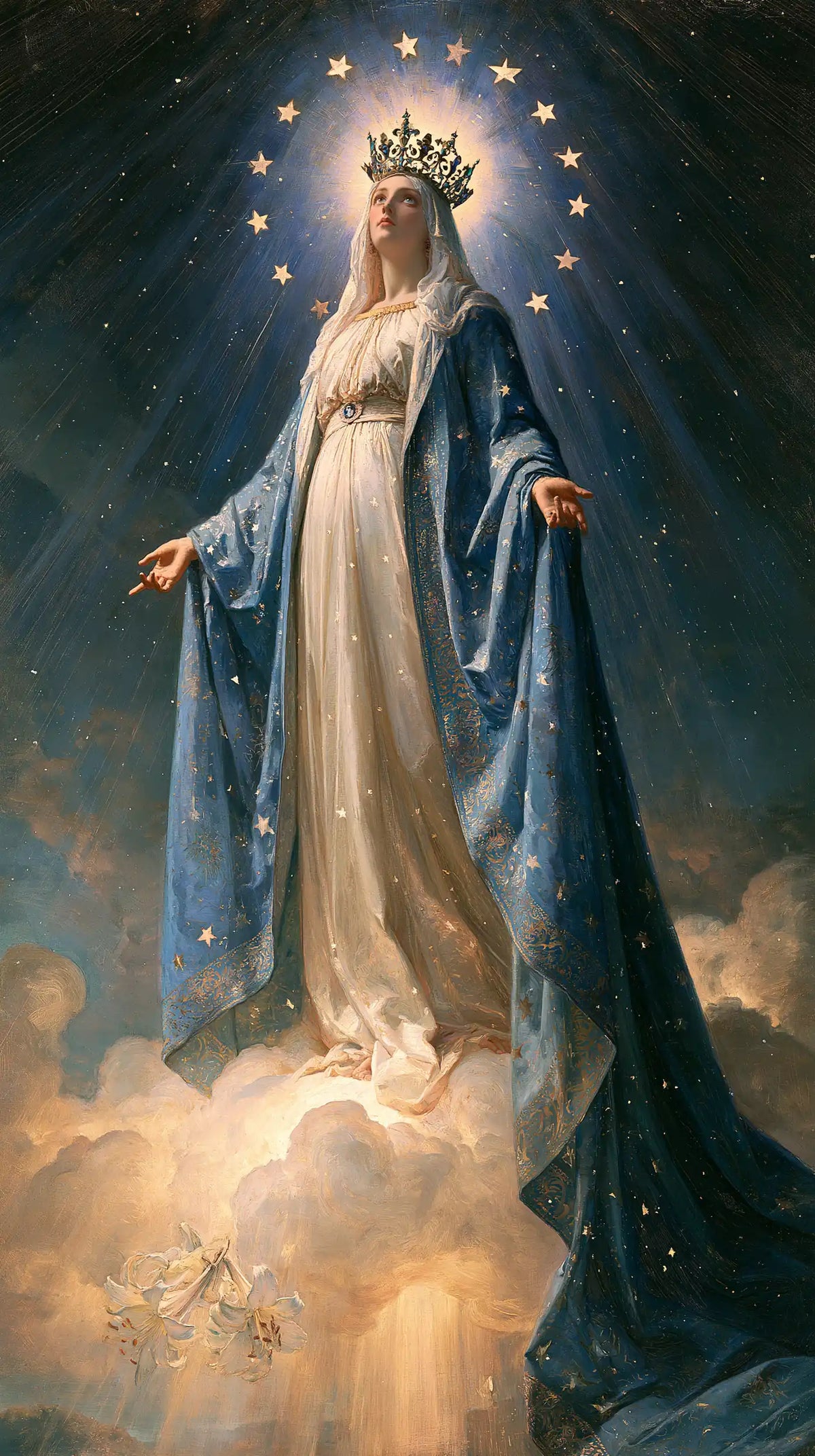 Mary as Queen of Heaven in a symbolist composition in Symbolist style, portrait Christian artwork no. 10