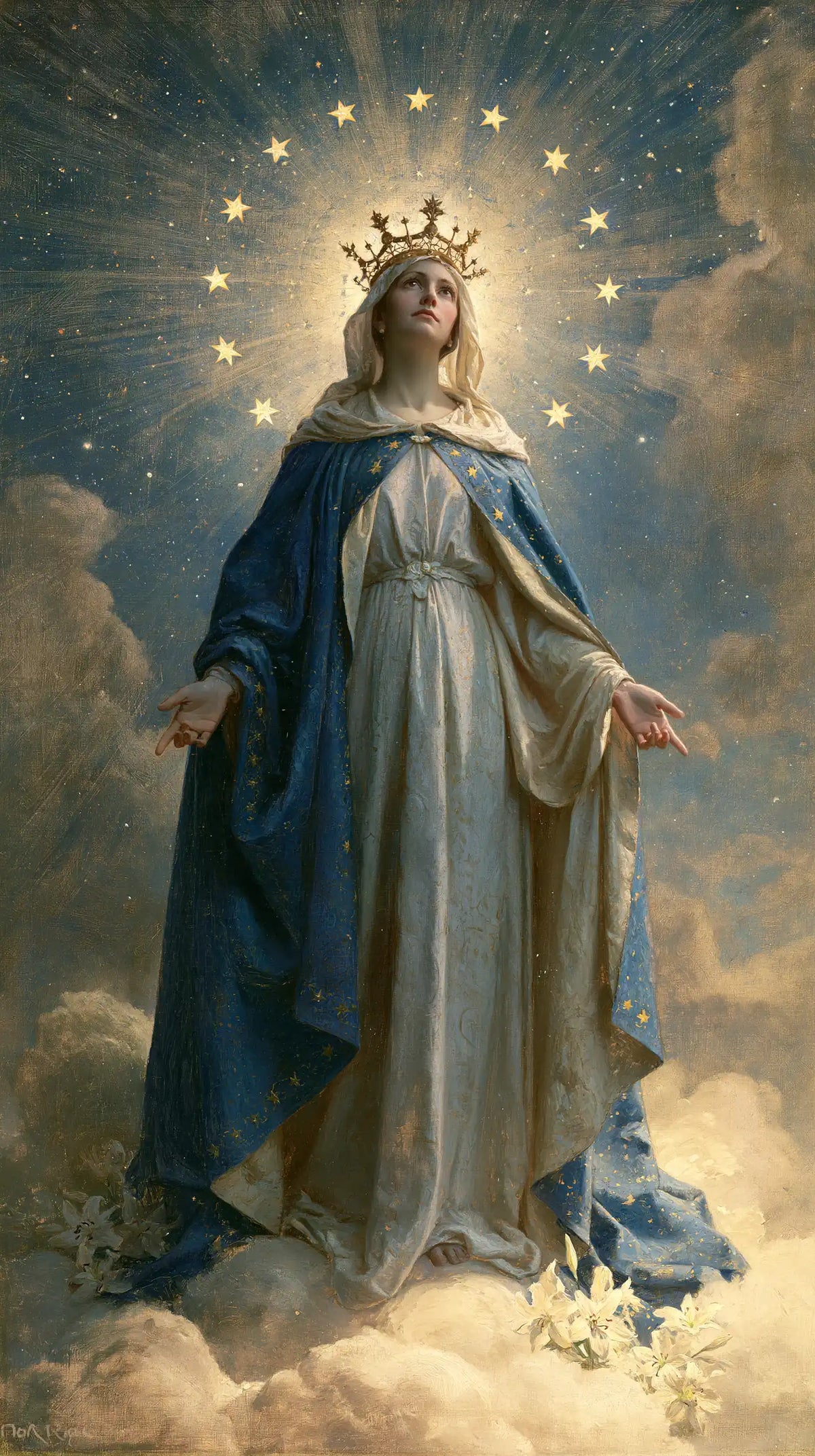 Mary as Queen of Heaven in a symbolist composition in Symbolist style, portrait Christian artwork no. 13