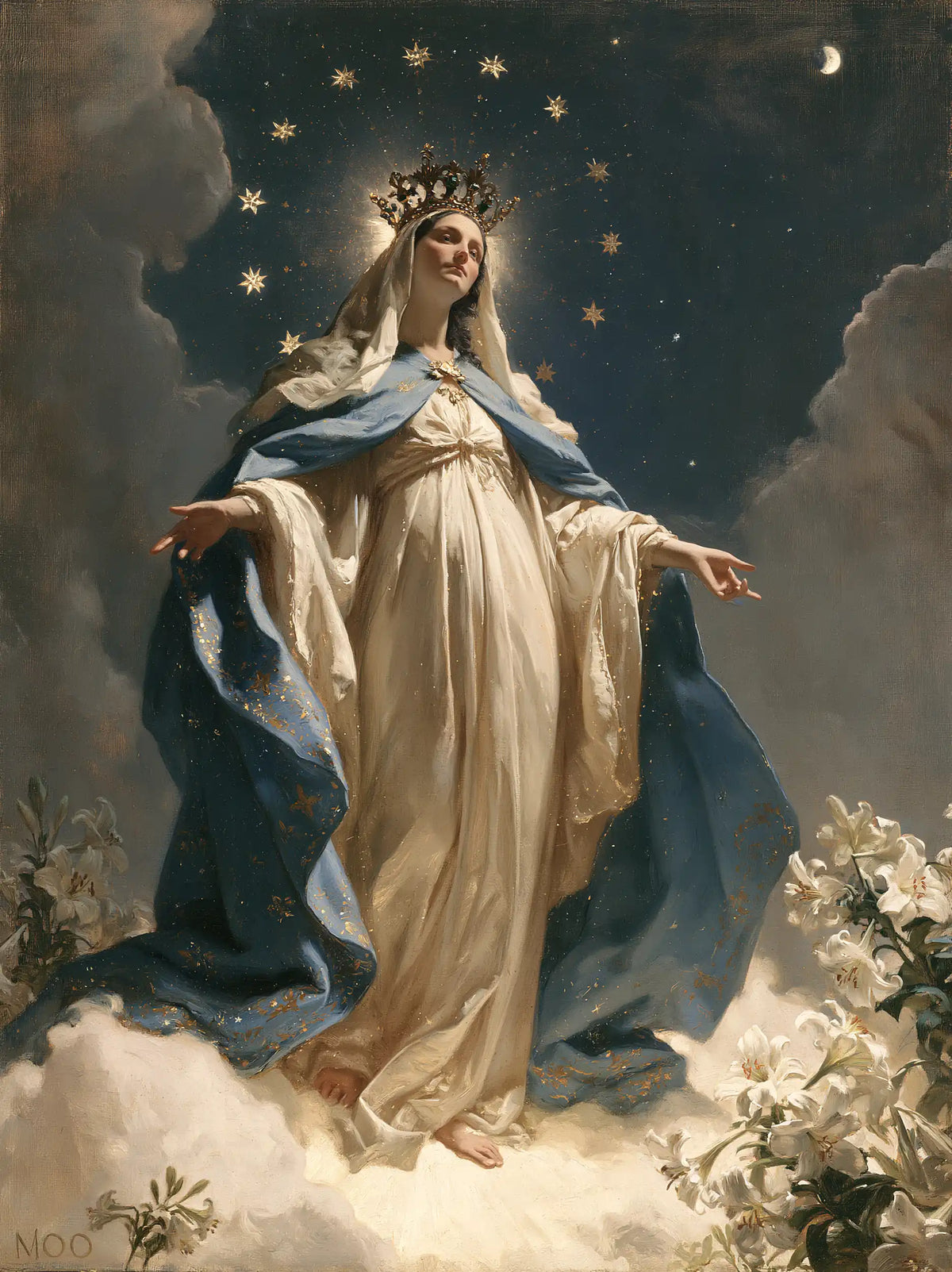Mary as Queen of Heaven in a symbolist composition in Symbolist style, portrait Christian artwork no. 24