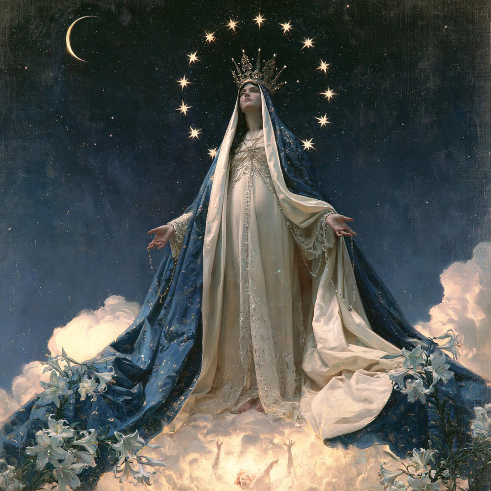 Mary as Queen of Heaven in a symbolist composition in Symbolist style, square Christian artwork no. 2
