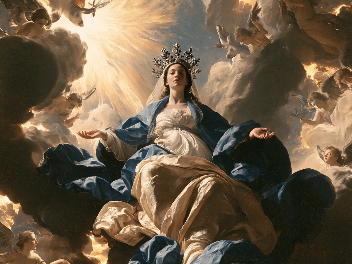 Mary enthroned as Queen of Heaven in a theatrical Baroque scene in Theatrical Baroque style, landscape Christian artwork no. 7