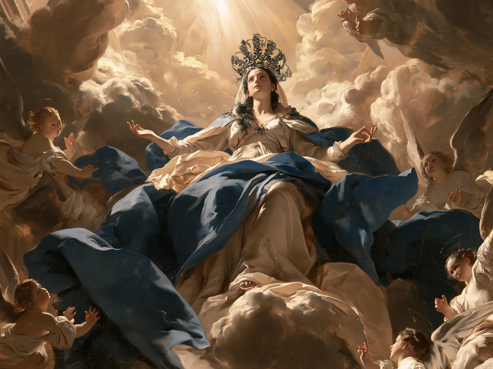 Mary enthroned as Queen of Heaven in a theatrical Baroque scene in Theatrical Baroque style, landscape Christian artwork no. 9
