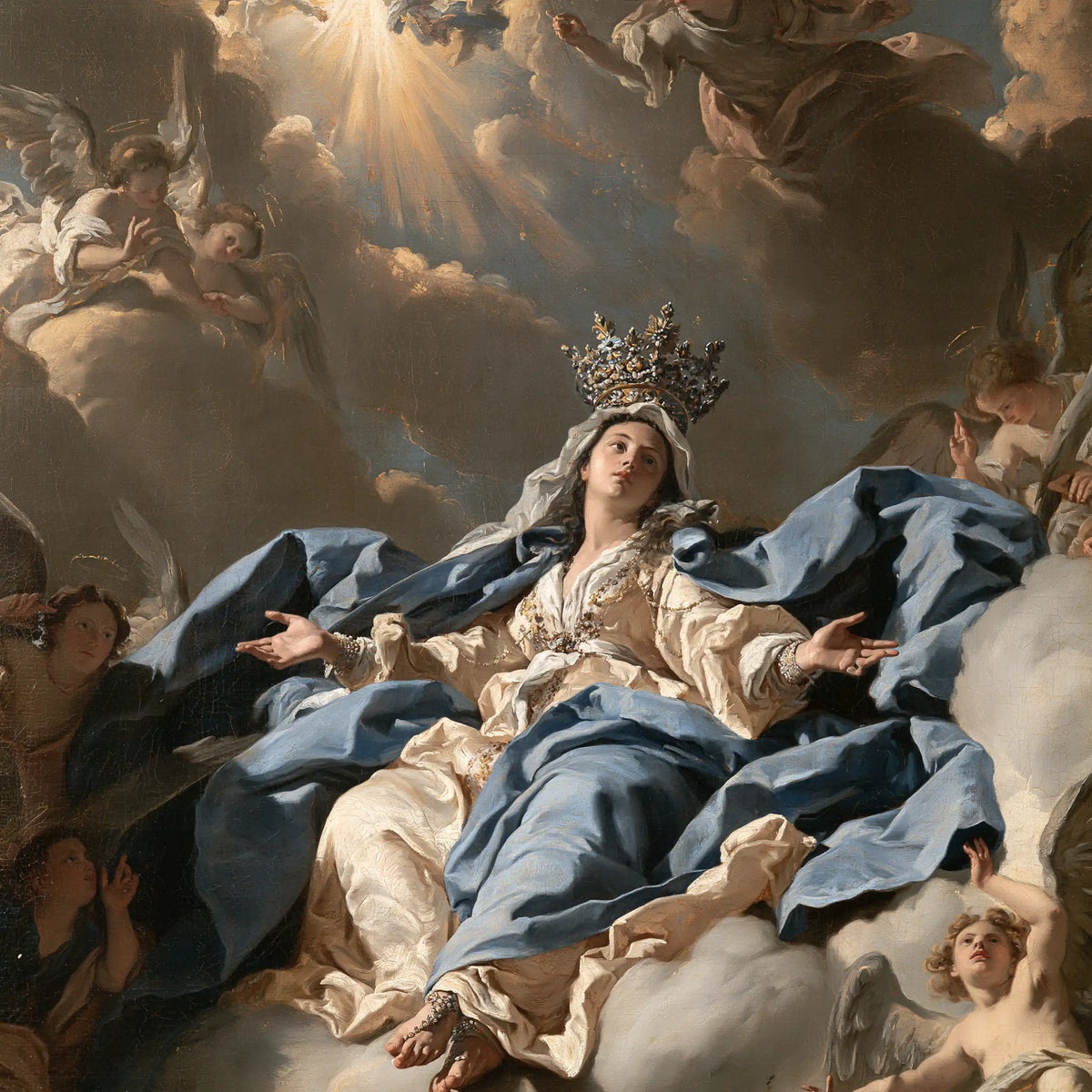 Mary enthroned as Queen of Heaven in a theatrical Baroque scene in Theatrical Baroque style, square Christian artwork no. 5