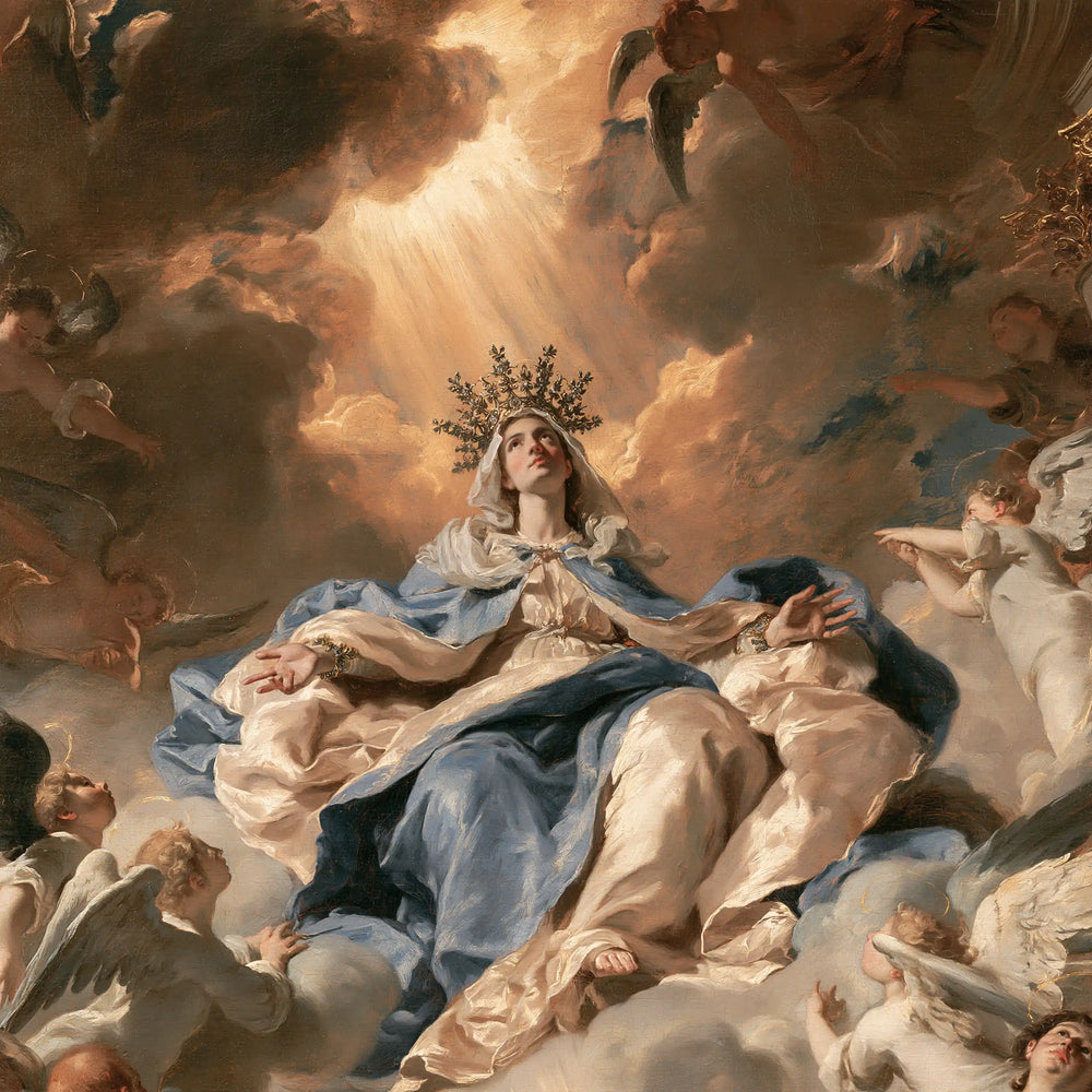 Mary enthroned as Queen of Heaven in a theatrical Baroque scene in Theatrical Baroque style, square Christian artwork no. 6