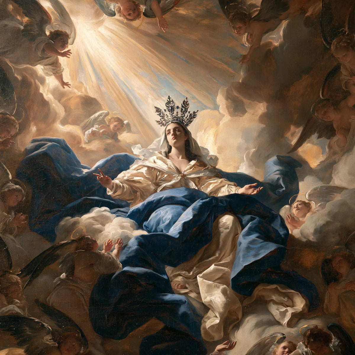 Mary enthroned as Queen of Heaven in a theatrical Baroque scene in Theatrical Baroque style, square Christian artwork no. 7