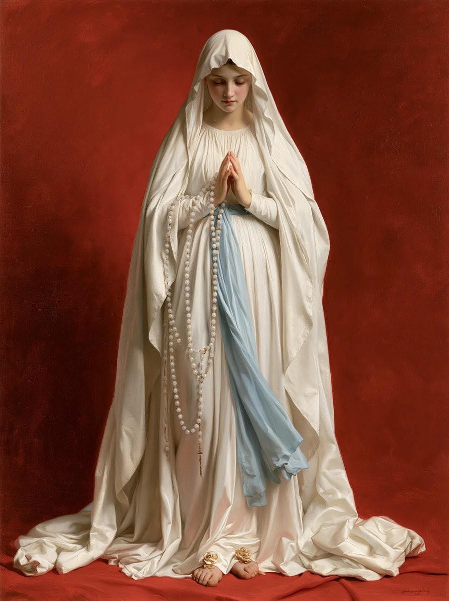 Our Lady of Lourdes – Downcast Prayer in Warm Red Light