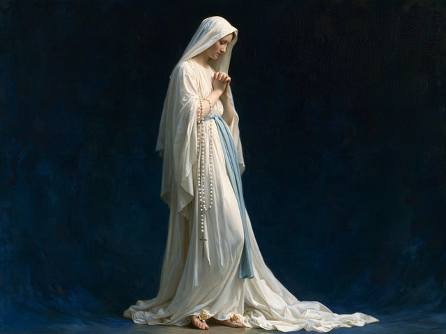 Our Lady of Lourdes – Kneeling Prayer in Cobalt Light