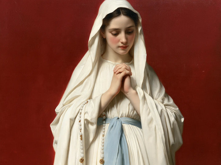 Our Lady of Lourdes – Quiet Gaze Before the Red Ground