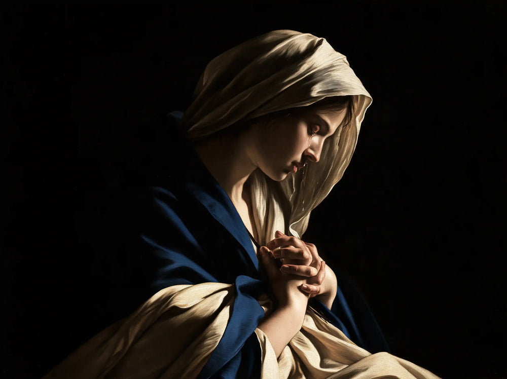 Our Lady of Sorrows in dramatic chiaroscuro in Caravaggio Tenebrism style, landscape Christian artwork no. 2