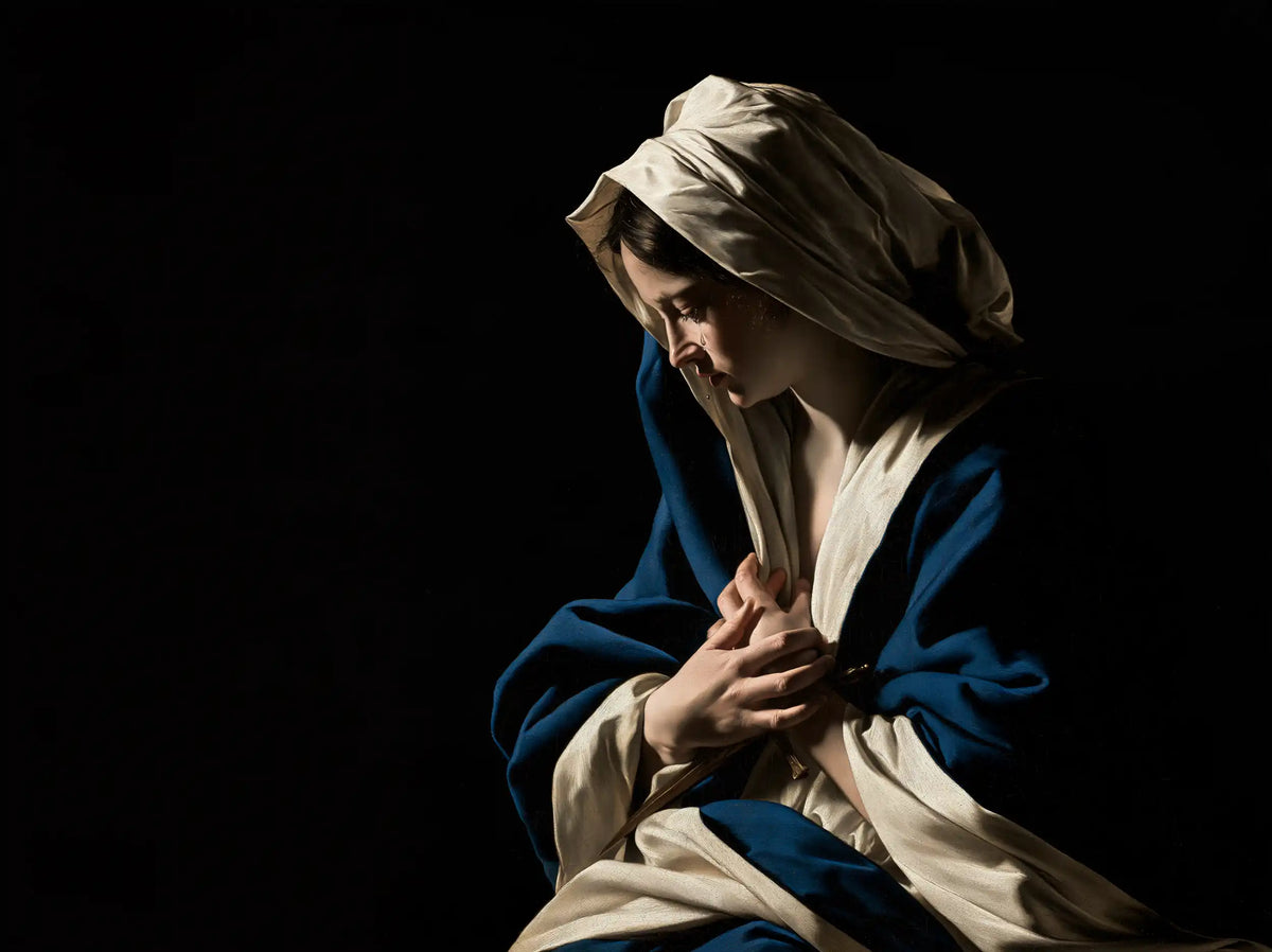 Our Lady of Sorrows in dramatic chiaroscuro in Caravaggio Tenebrism style, landscape Christian artwork no. 4