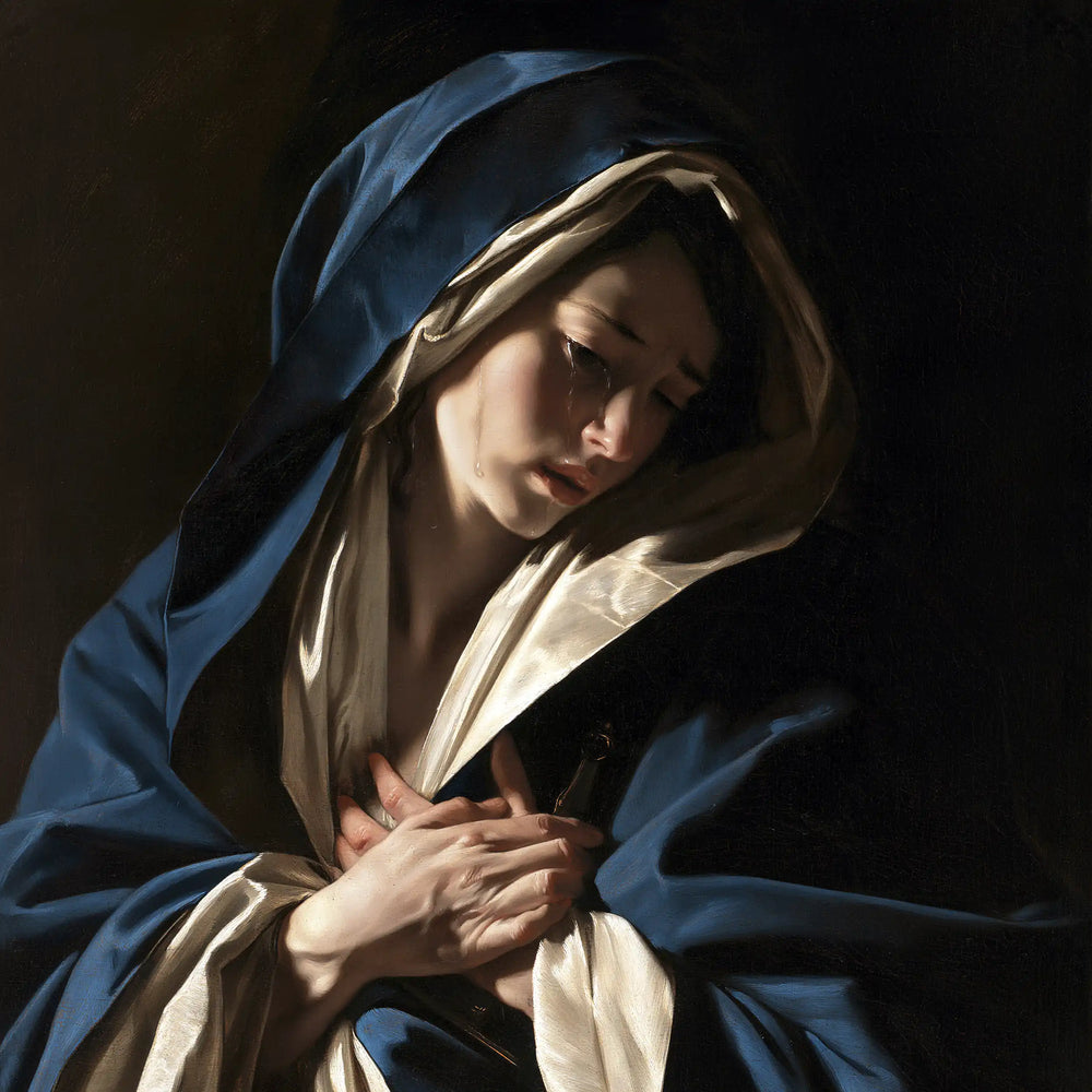 Our Lady of Sorrows in dramatic chiaroscuro in Caravaggio Tenebrism style, square Christian artwork no. 5