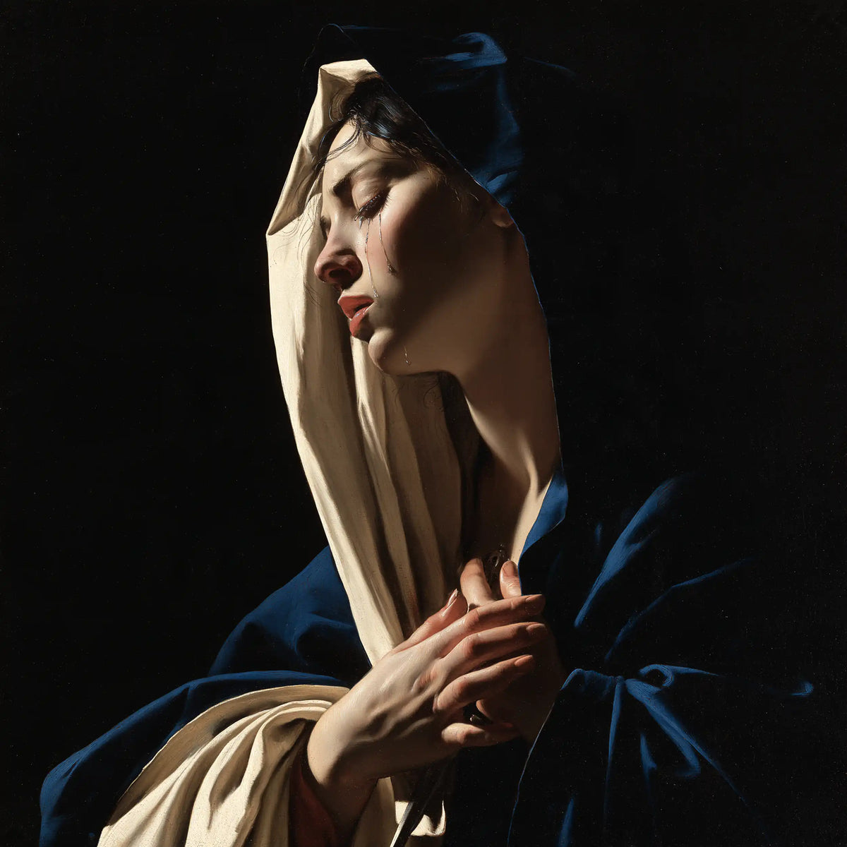 Our Lady of Sorrows in dramatic chiaroscuro in Caravaggio Tenebrism style, square Christian artwork no. 8