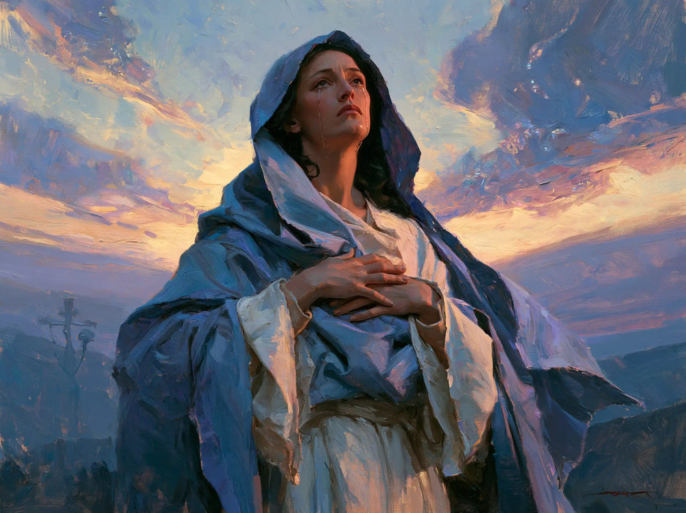 Our Lady of Sorrows in an impressionist atmosphere in Impressionist style, landscape Christian artwork no. 1