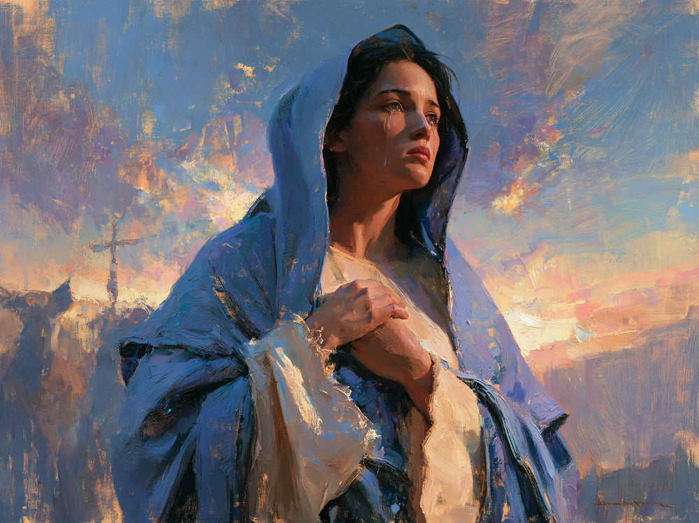 Our Lady of Sorrows in an impressionist atmosphere in Impressionist style, landscape Christian artwork no. 9