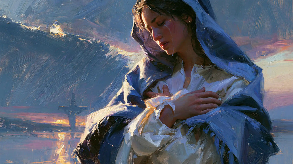 Our Lady of Sorrows in an impressionist atmosphere in Impressionist style, landscape Christian artwork no. 21