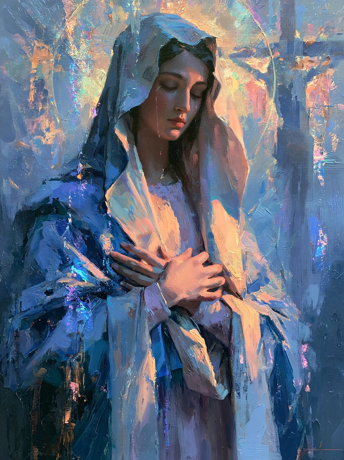 Our Lady of Sorrows in an impressionist atmosphere in Impressionist style, portrait Christian artwork no. 13