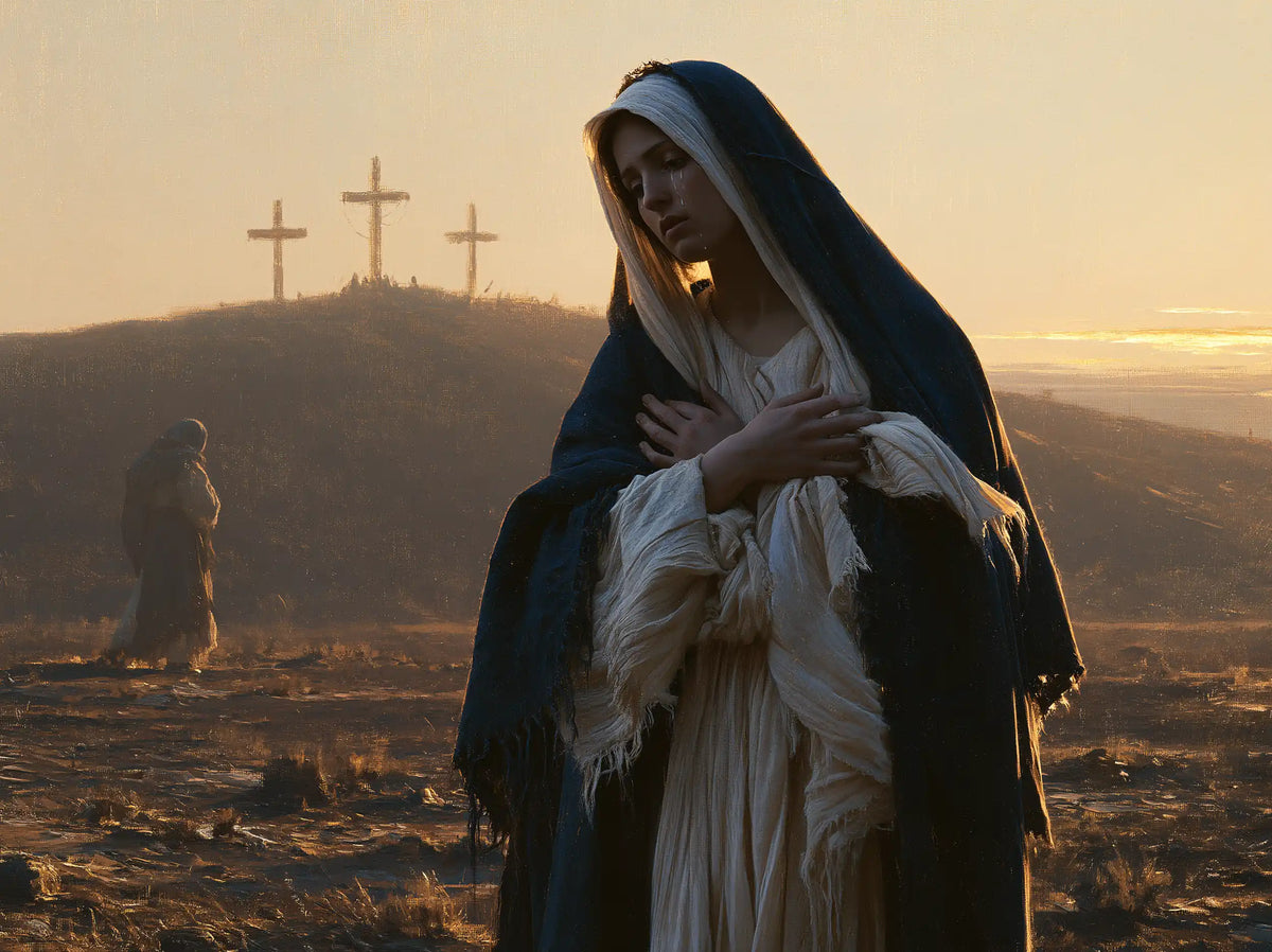 Mary before the deserted Golgotha in Mary before the Deserted Golgotha style, landscape Christian artwork no. 1