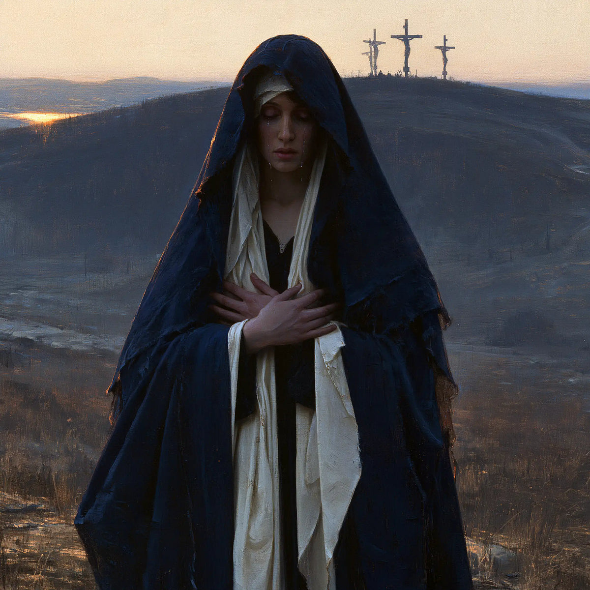 Mary before the deserted Golgotha in Mary before the Deserted Golgotha style, square Christian artwork no. 6