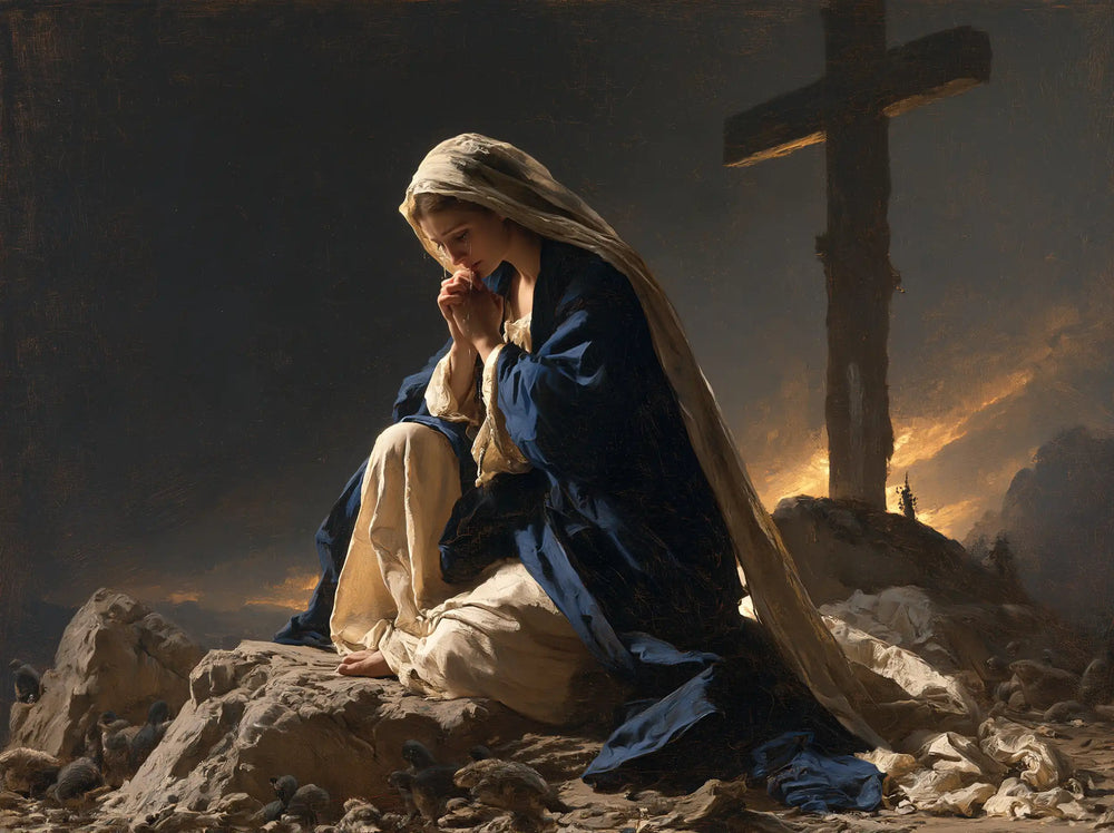 Mary kneeling before the Cross in Mary Kneeling before the Cross style, landscape Christian artwork no. 5