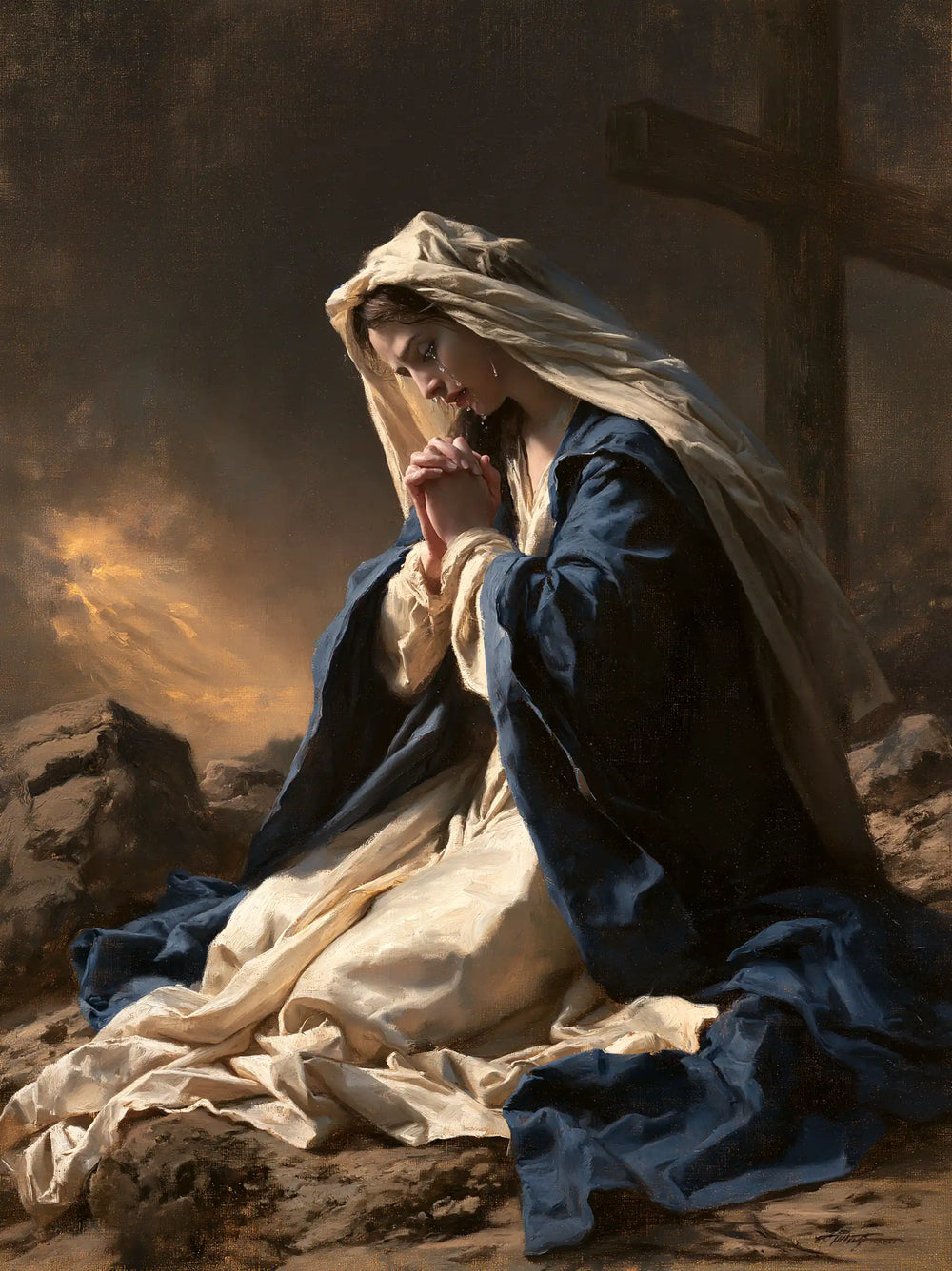 Mary kneeling before the Cross in Mary Kneeling before the Cross style, portrait Christian artwork no. 8