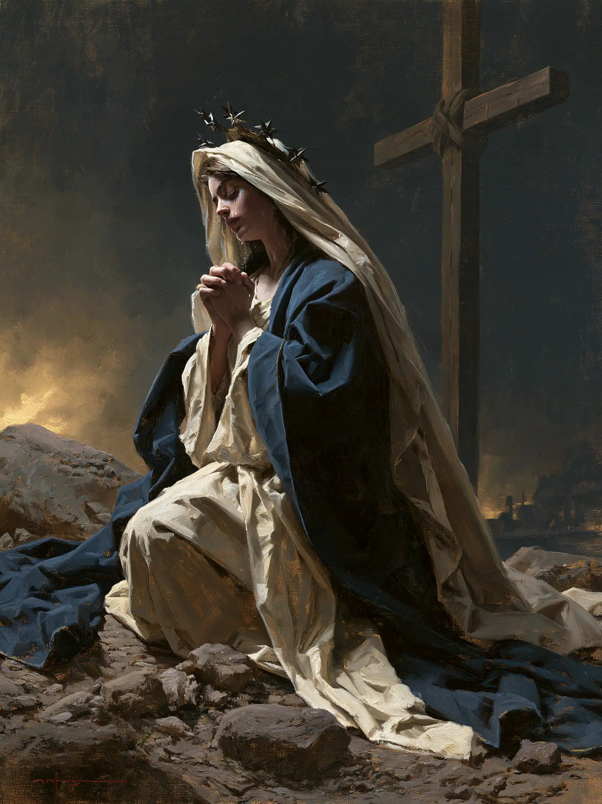 Mary kneeling before the Cross in Mary Kneeling before the Cross style, portrait Christian artwork no. 9