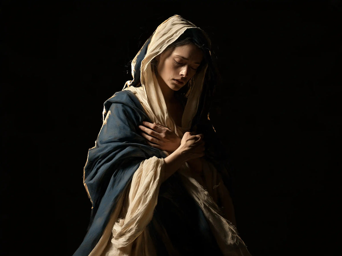 Mary as a light within sorrow in Mary as Light in Sorrow style, landscape Christian artwork no. 2