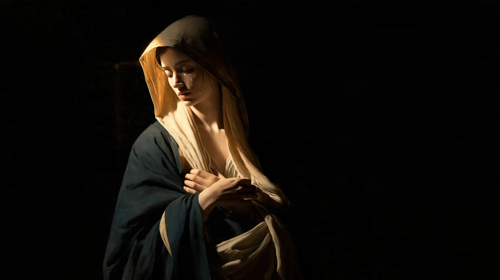 Mary as a light within sorrow in Mary as Light in Sorrow style, landscape Christian artwork no. 8