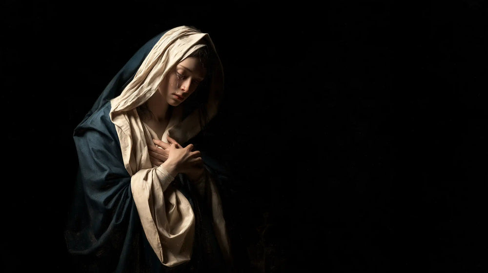 Mary as a light within sorrow in Mary as Light in Sorrow style, landscape Christian artwork no. 11