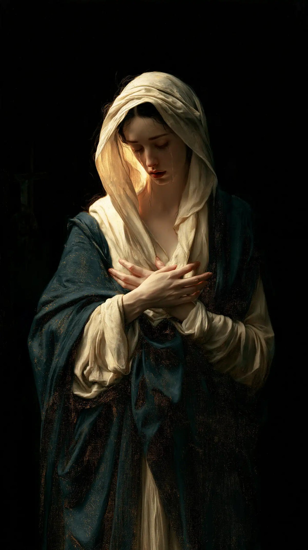 Mary as a light within sorrow in Mary as Light in Sorrow style, portrait Christian artwork no. 2