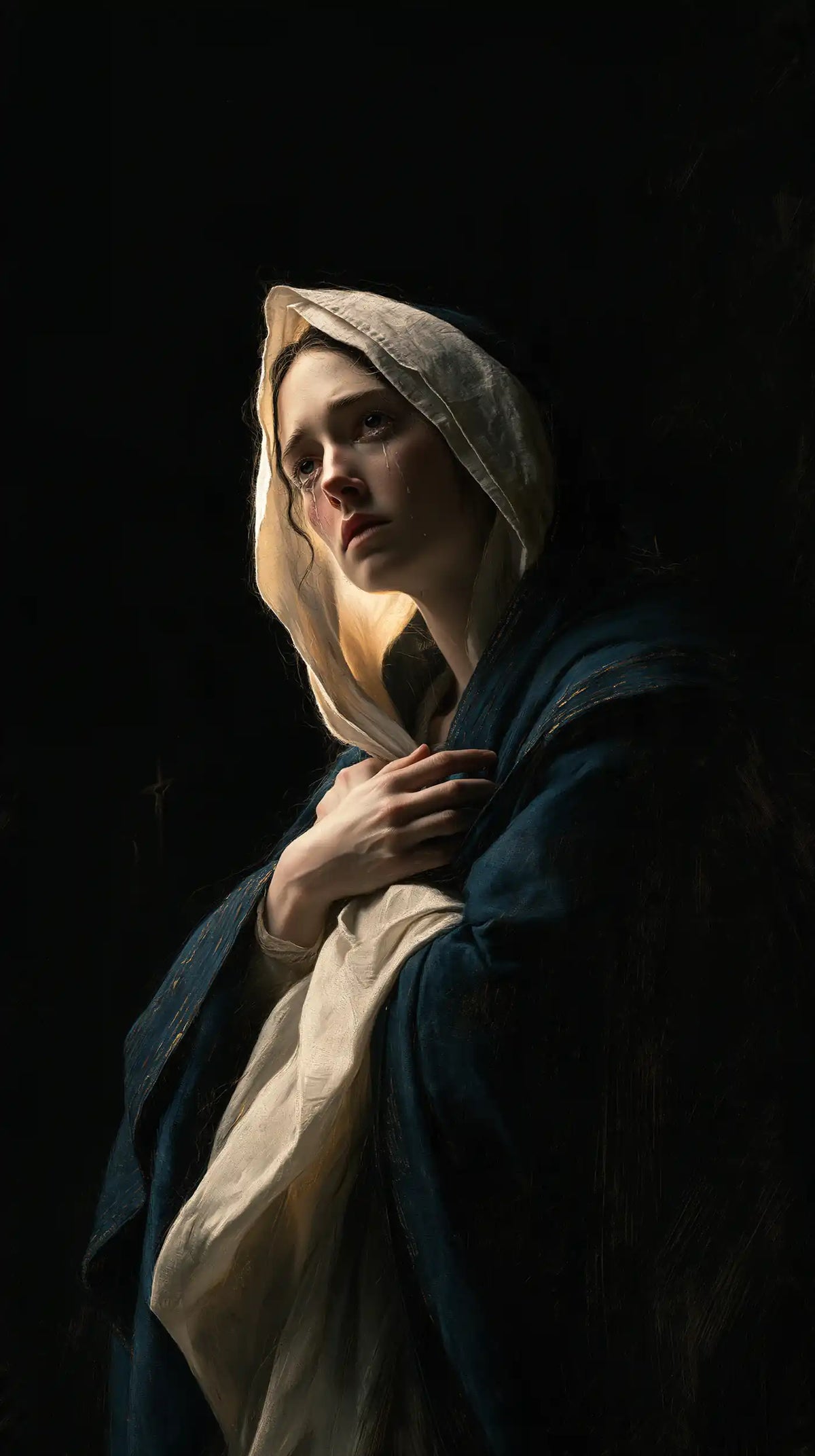 Mary as a light within sorrow in Mary as Light in Sorrow style, portrait Christian artwork no. 6