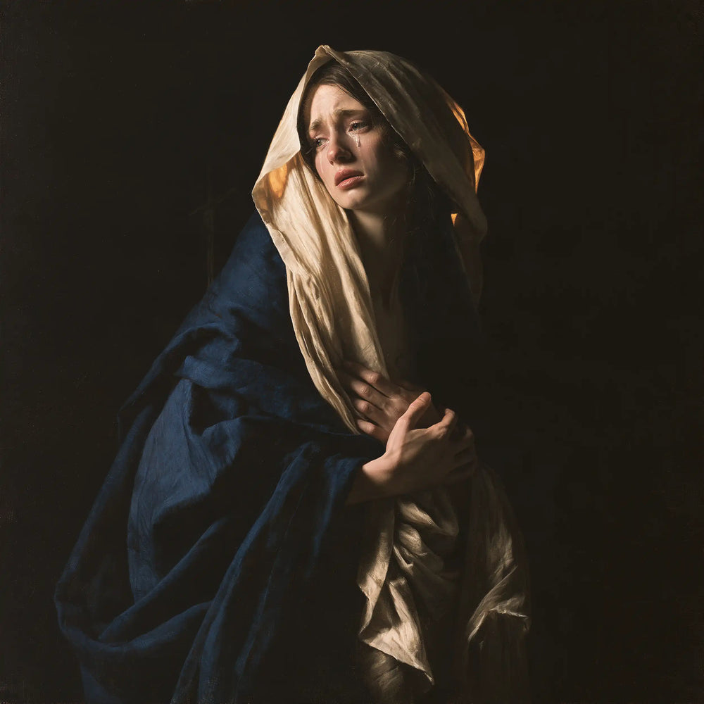 Mary as a light within sorrow in Mary as Light in Sorrow style, square Christian artwork no. 7