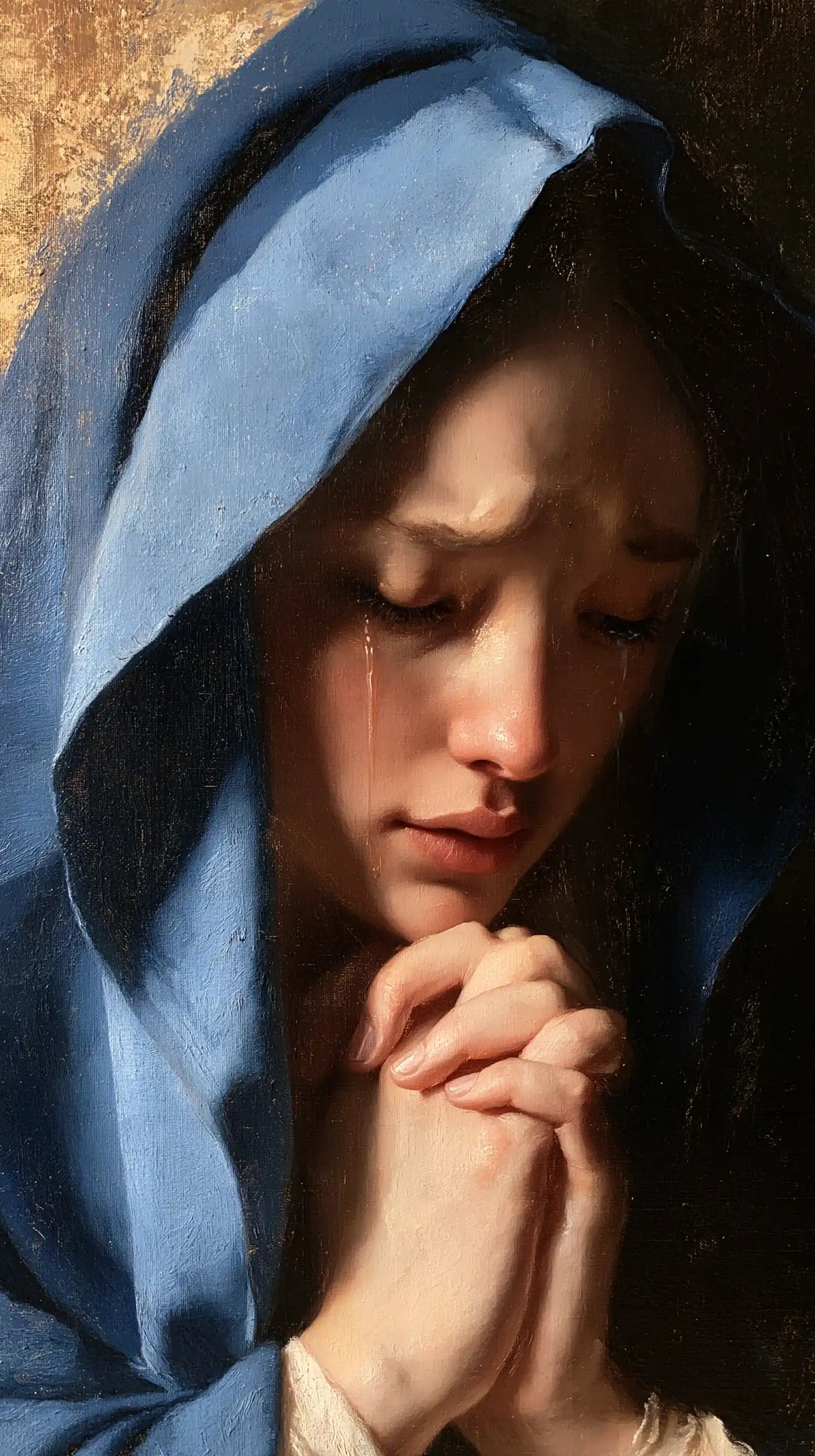 Mary weeping in silence in Mary Weeping in Silence style, portrait Christian artwork no. 2