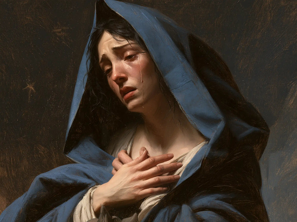 Mary experiencing profound maternal sorrow in Profound Maternal Sorrow style, landscape Christian artwork no. 4