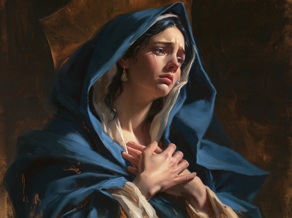 Mary experiencing profound maternal sorrow in Profound Maternal Sorrow style, landscape Christian artwork no. 9