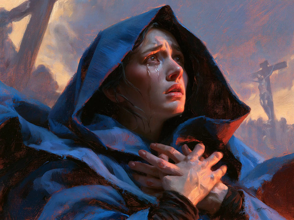 Mary experiencing profound maternal sorrow in Profound Maternal Sorrow style, landscape Christian artwork no. 10
