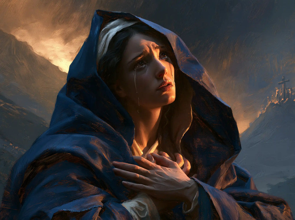 Mary experiencing profound maternal sorrow in Profound Maternal Sorrow style, landscape Christian artwork no. 12