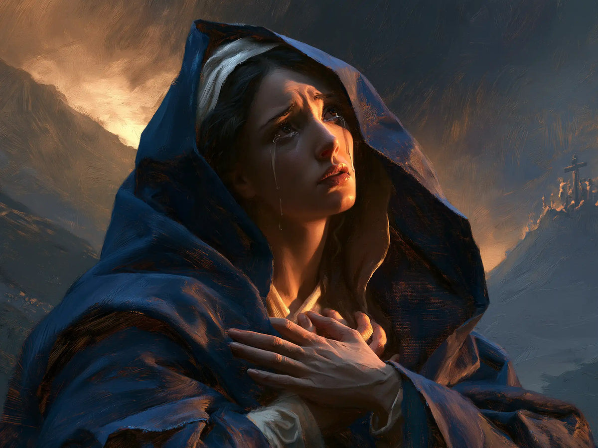 Mary experiencing profound maternal sorrow in Profound Maternal Sorrow style, landscape Christian artwork no. 12
