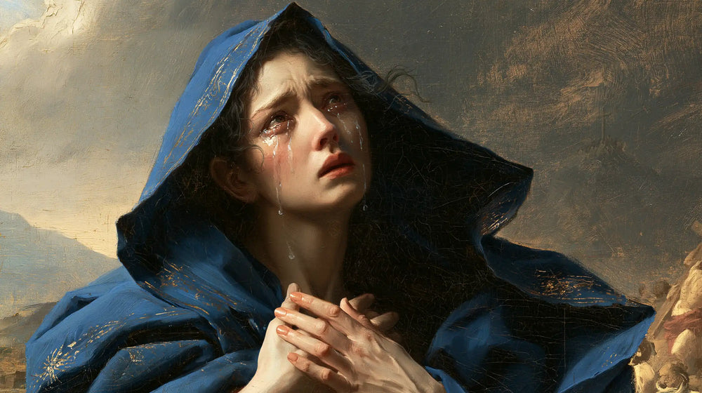 Mary experiencing profound maternal sorrow in Profound Maternal Sorrow style, landscape Christian artwork no. 13
