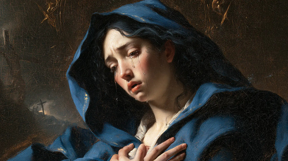 Mary experiencing profound maternal sorrow in Profound Maternal Sorrow style, landscape Christian artwork no. 14