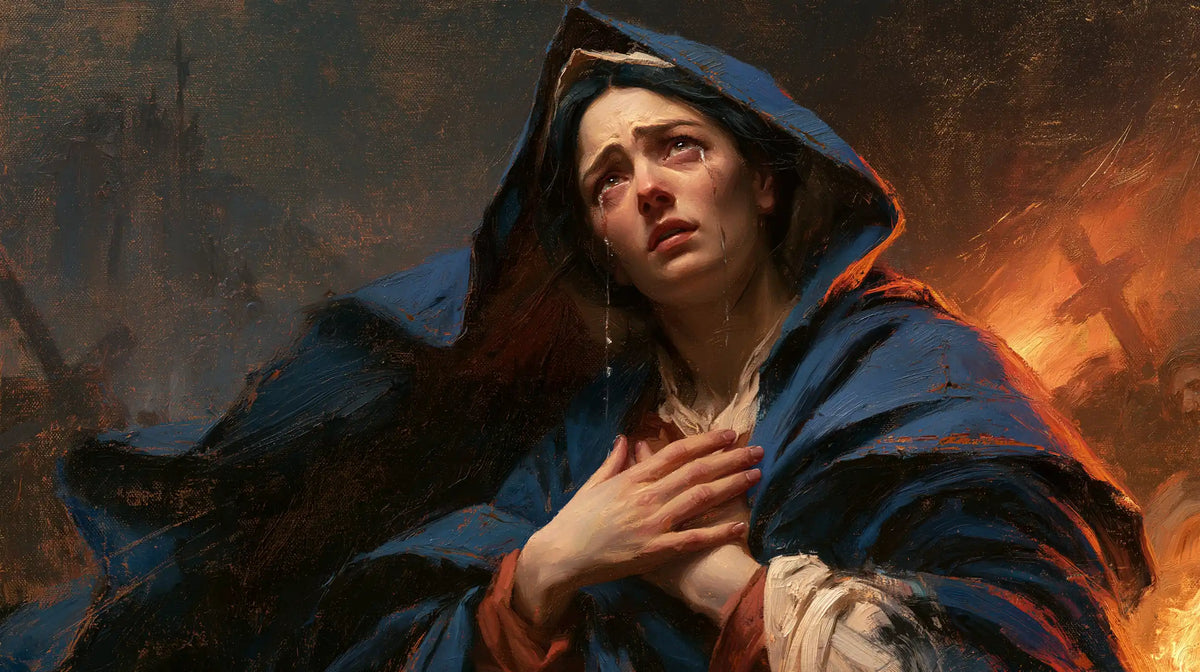 Mary experiencing profound maternal sorrow in Profound Maternal Sorrow style, landscape Christian artwork no. 15