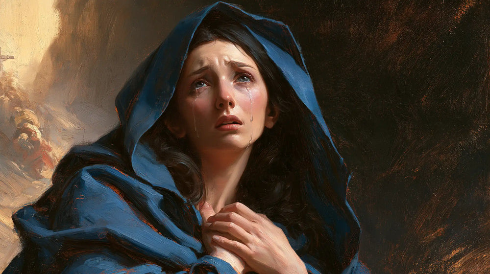 Mary experiencing profound maternal sorrow in Profound Maternal Sorrow style, landscape Christian artwork no. 19