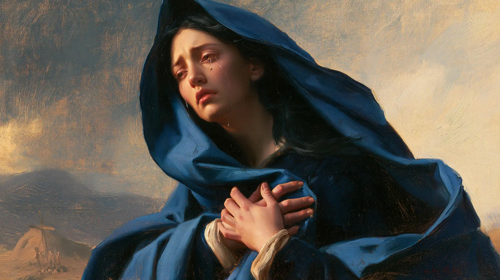 Mary experiencing profound maternal sorrow in Profound Maternal Sorrow style, landscape Christian artwork no. 20