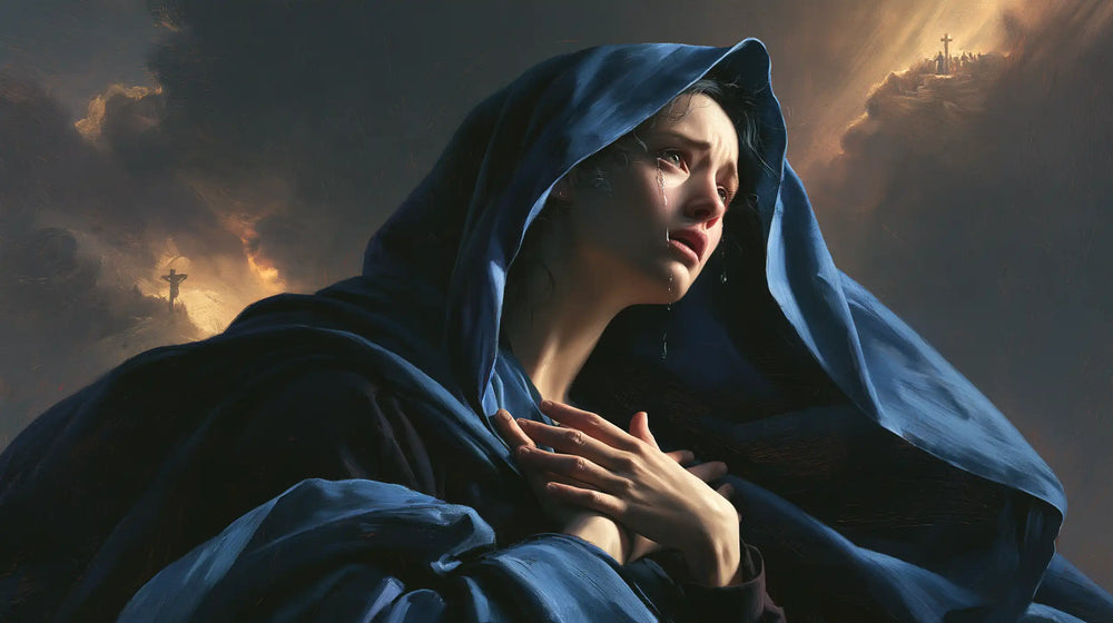 Mary experiencing profound maternal sorrow in Profound Maternal Sorrow style, landscape Christian artwork no. 21