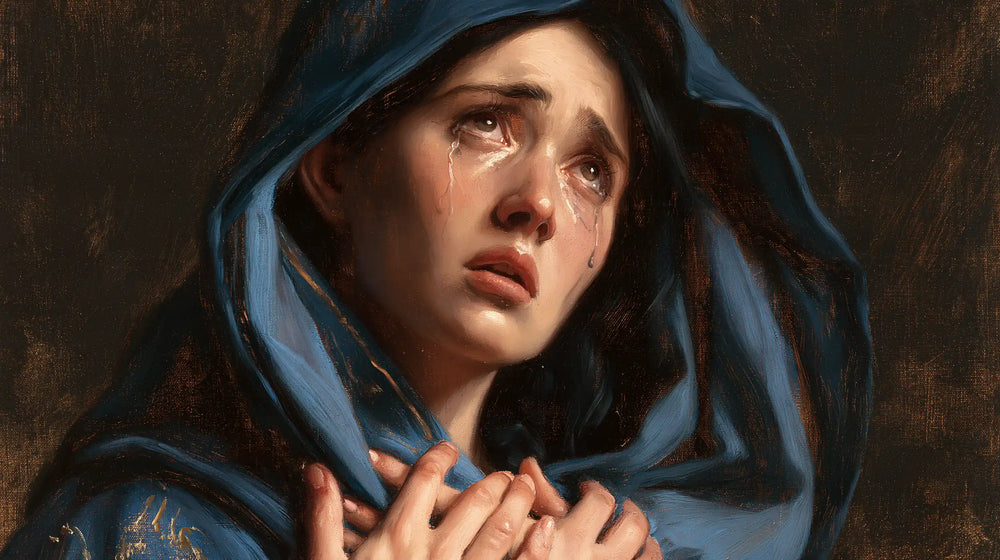 Mary experiencing profound maternal sorrow in Profound Maternal Sorrow style, landscape Christian artwork no. 22