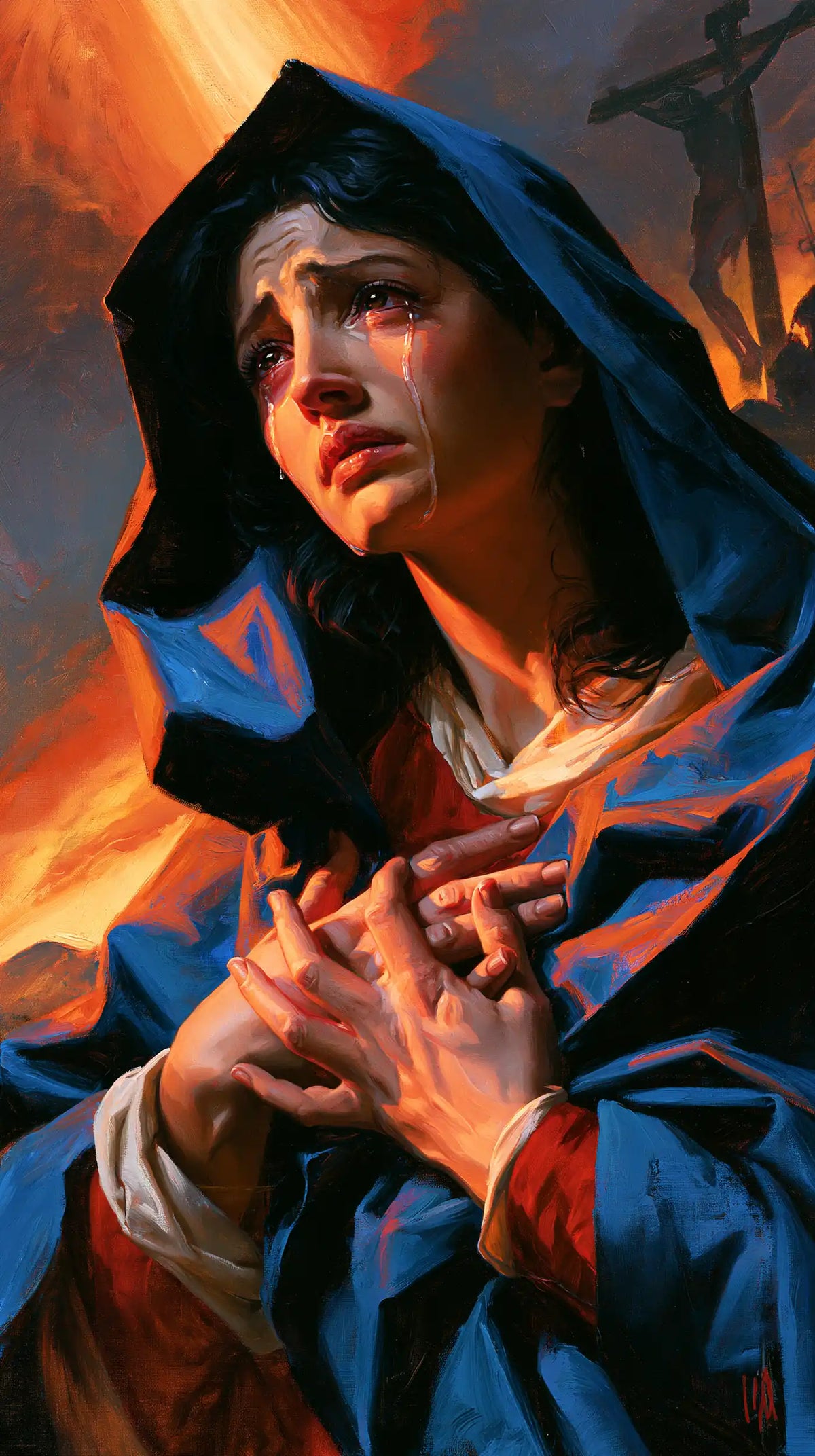 Mary experiencing profound maternal sorrow in Profound Maternal Sorrow style, portrait Christian artwork no. 2