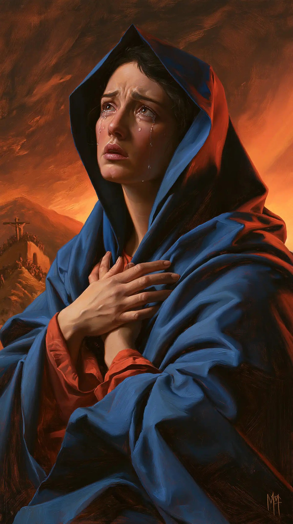 Mary experiencing profound maternal sorrow in Profound Maternal Sorrow style, portrait Christian artwork no. 3