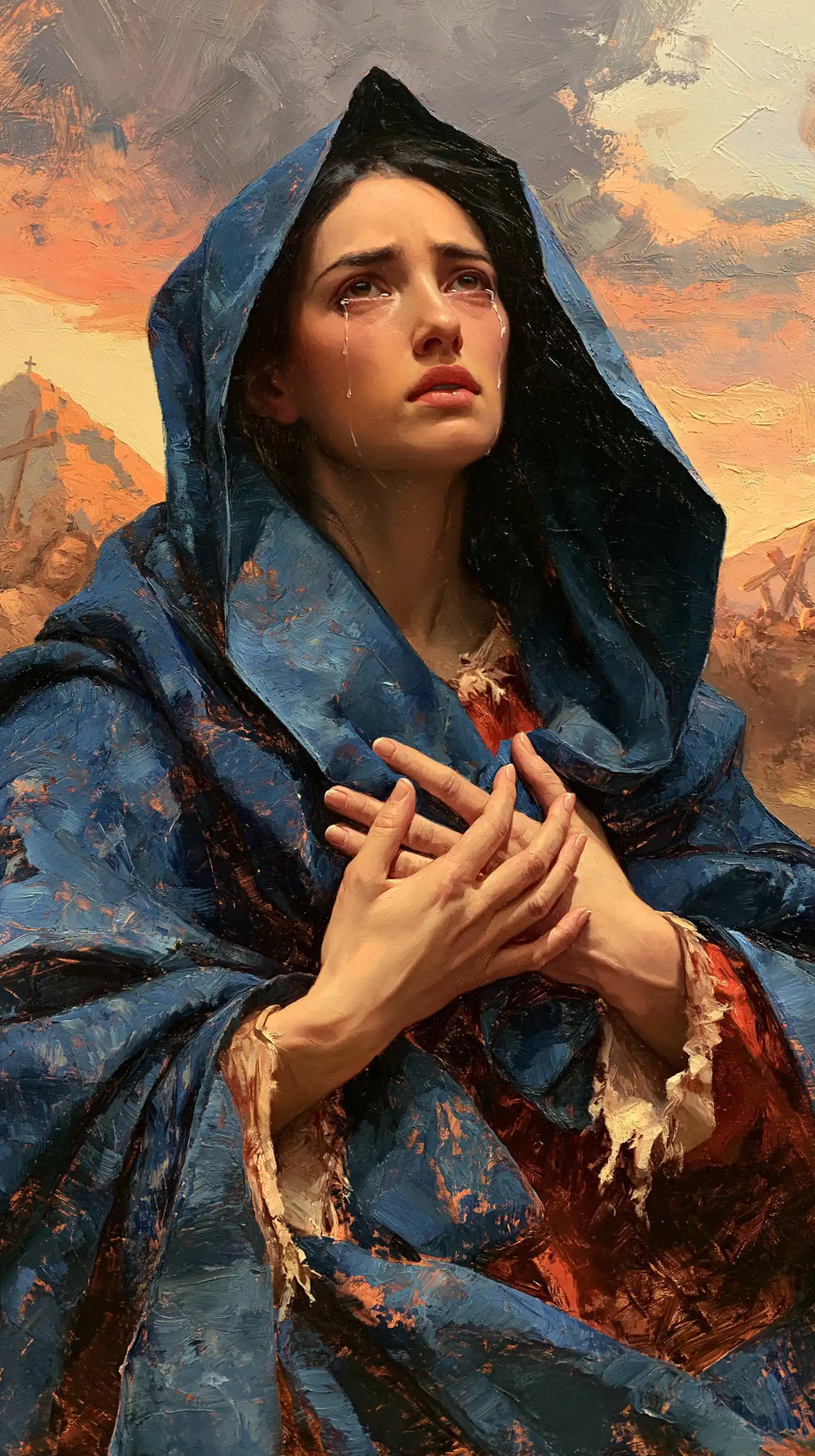 Mary experiencing profound maternal sorrow in Profound Maternal Sorrow style, portrait Christian artwork no. 9