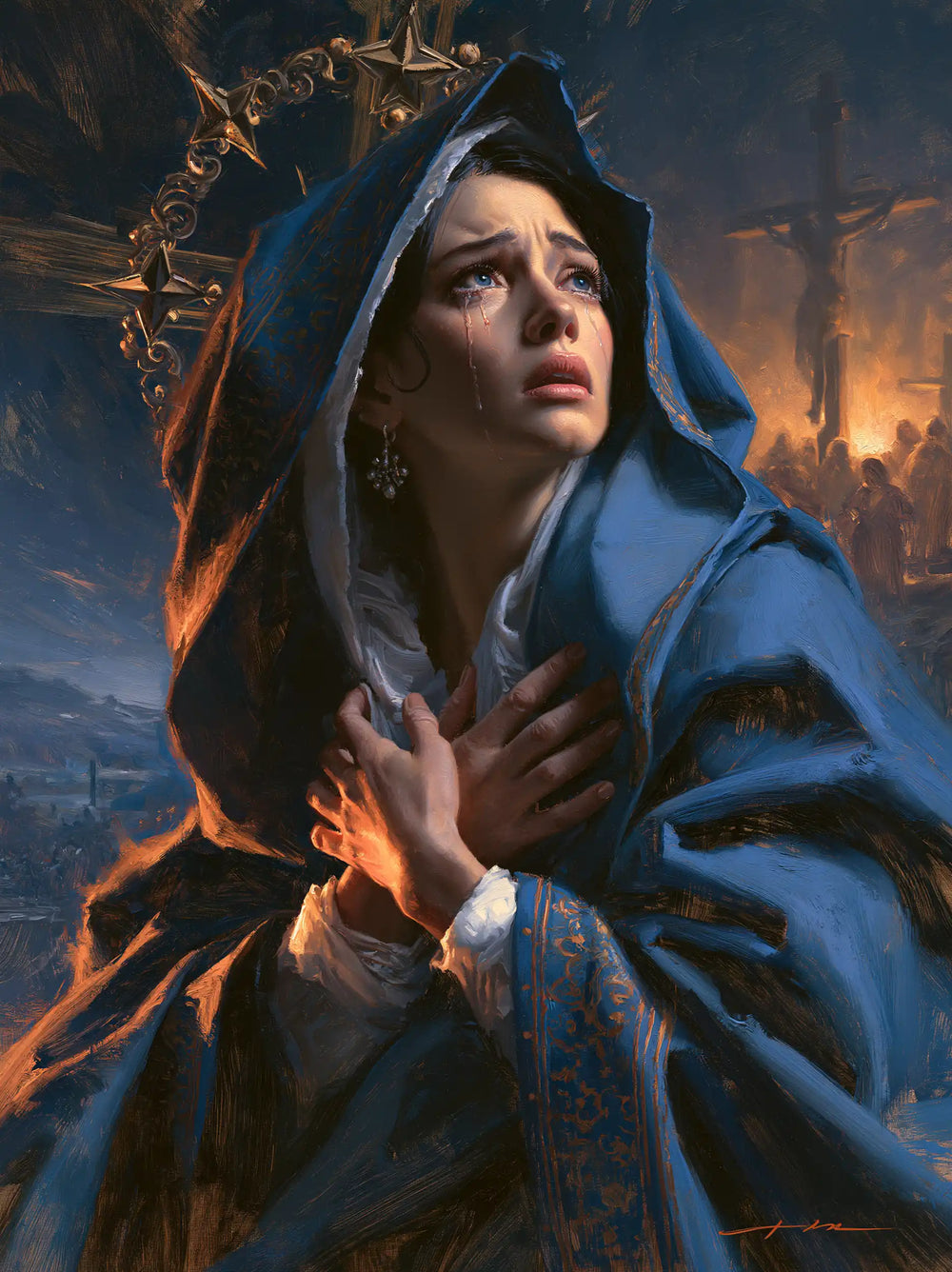 Mary experiencing profound maternal sorrow in Profound Maternal Sorrow style, portrait Christian artwork no. 13